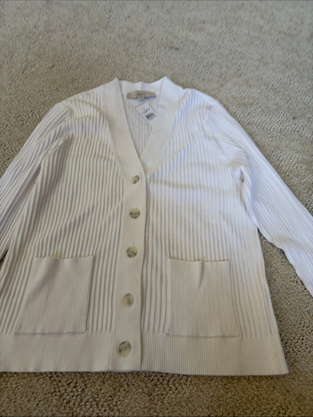 LOFT White Ribbed Button-Front Cardigan